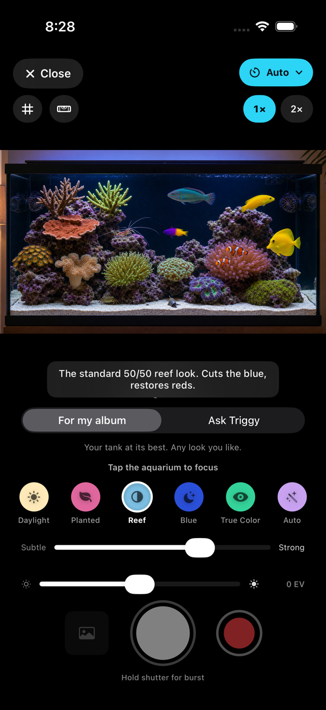 The TANKSENSE camera, showing six colour presets for different aquarium lighting and a strength slider